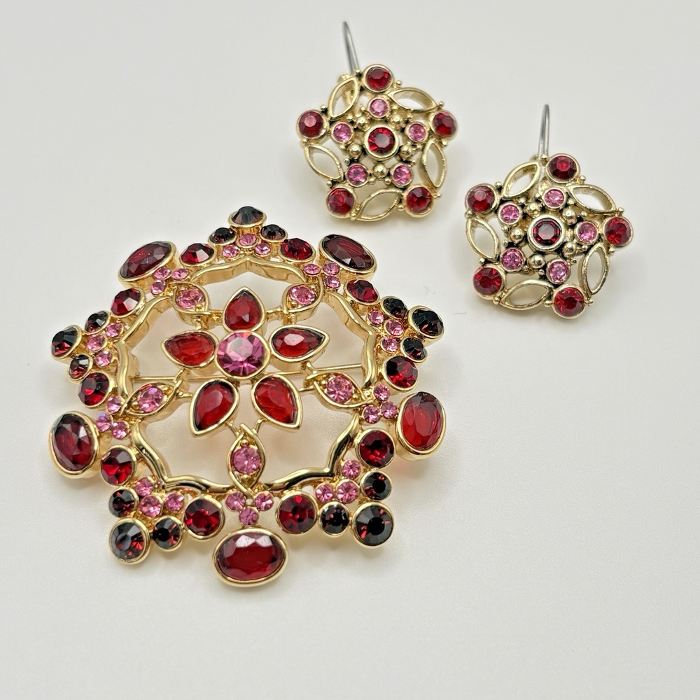Rhinestone Brooch and Earring Set Red Pink Sparkly Flower Statement